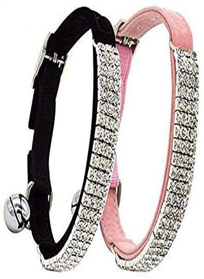 CHUKCHI Soft Velvet Safe Cat Adjustable Collar Bling Diamante with Bells,2 Pcs Black+Pink - Image 1